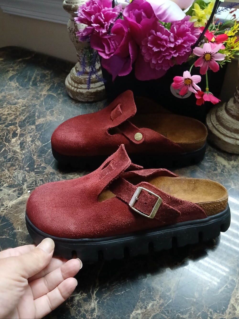 Papillio Birkenstock Women's Burgundy Suede Clog Sandals - Picture 3 of 12